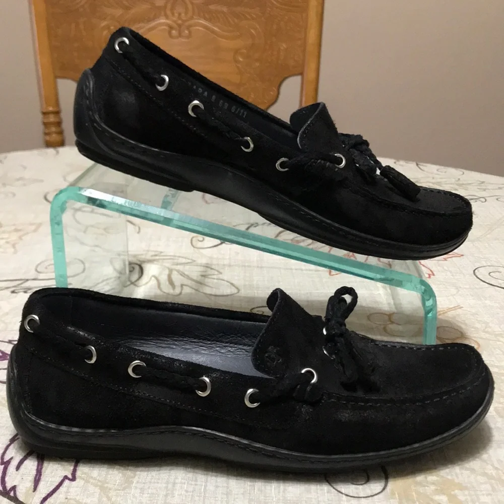 Donald J Pliner Ezara Italy Black Suede Leather Slip On Flat Boat Shoes Womens 8